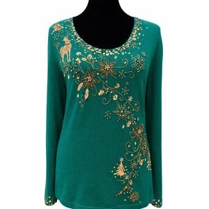 Vintage Berek Womens Winter Holiday Sequin‎ Sweater Size XL Green Cotton Blend